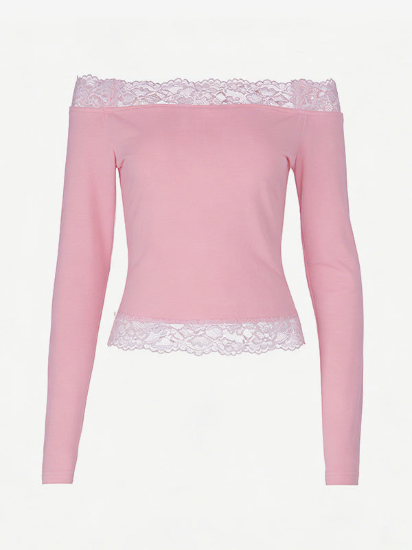 Off Shoulder Lace Trim Crop Top For Women - Long Sleeve Slim Fit Y2K Blouse - Spring Streetwear 2026