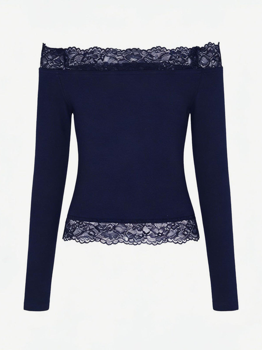 Off Shoulder Lace Trim Crop Top For Women - Long Sleeve Slim Fit Y2K Blouse - Spring Streetwear 2026