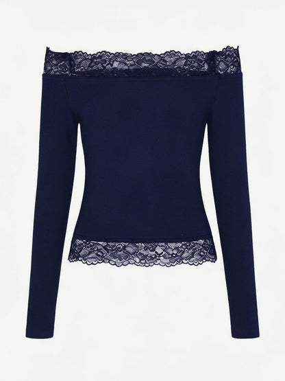 Off Shoulder Lace Trim Crop Top For Women - Long Sleeve Slim Fit Y2K Blouse - Spring Streetwear 2026