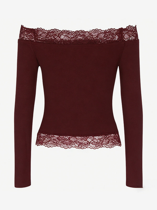 Off Shoulder Lace Trim Crop Top For Women - Long Sleeve Slim Fit Y2K Blouse - Spring Streetwear 2026