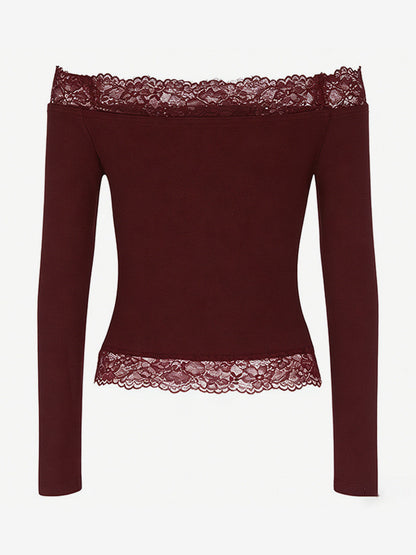 Off Shoulder Lace Trim Crop Top For Women - Long Sleeve Slim Fit Y2K Blouse - Spring Streetwear 2026