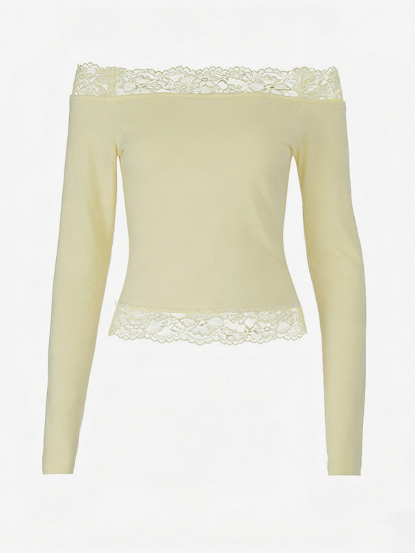 Off Shoulder Lace Trim Crop Top For Women - Long Sleeve Slim Fit Y2K Blouse - Spring Streetwear 2026