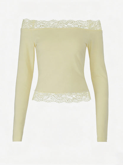 Off Shoulder Lace Trim Crop Top For Women - Long Sleeve Slim Fit Y2K Blouse - Spring Streetwear 2026