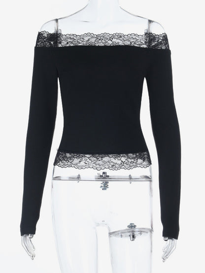 Off Shoulder Lace Trim Crop Top For Women - Long Sleeve Slim Fit Y2K Blouse - Spring Streetwear 2026
