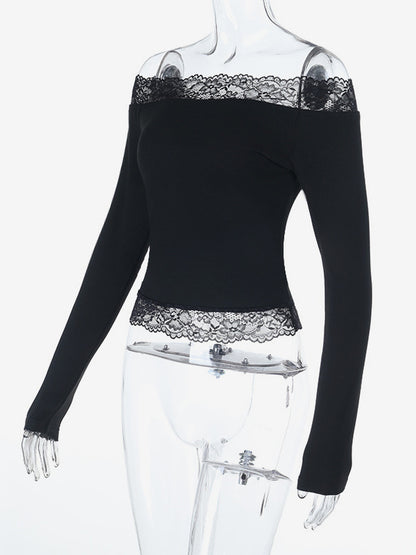 Off Shoulder Lace Trim Crop Top For Women - Long Sleeve Slim Fit Y2K Blouse - Spring Streetwear 2026