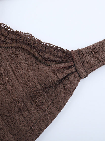 Lace Wrap V Neck Blouse For Women - Brown Vintage Long Sleeve Slim Fit Cropped Top - Spring Casual Daily Wear 2026
