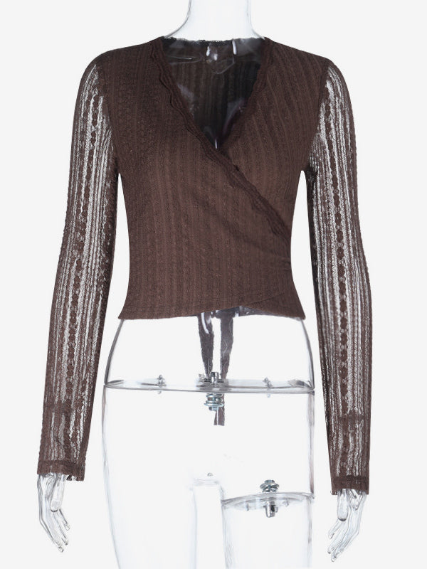 Lace Wrap V Neck Blouse For Women - Brown Vintage Long Sleeve Slim Fit Cropped Top - Spring Casual Daily Wear 2026