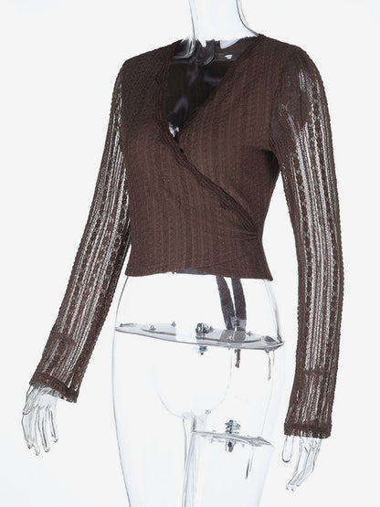 Lace Wrap V Neck Blouse For Women - Brown Vintage Long Sleeve Slim Fit Cropped Top - Spring Casual Daily Wear 2026