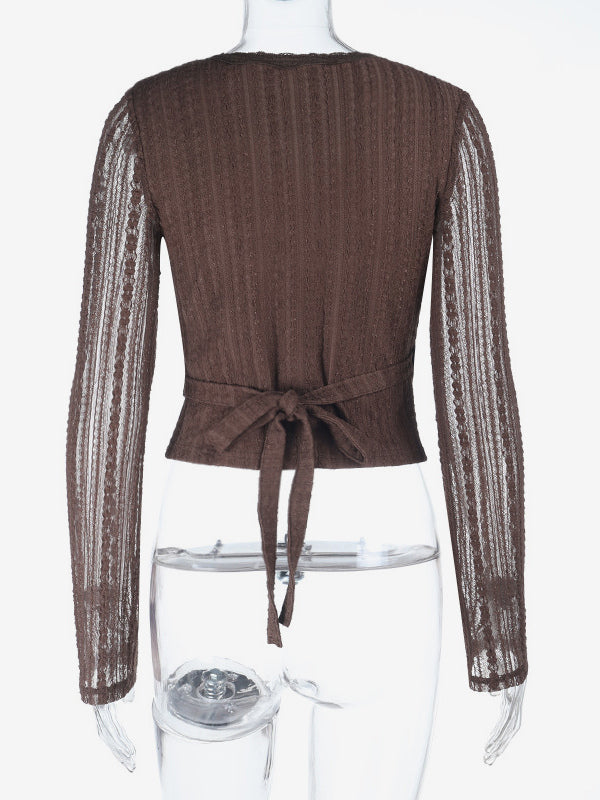 Lace Wrap V Neck Blouse For Women - Brown Vintage Long Sleeve Slim Fit Cropped Top - Spring Casual Daily Wear 2026