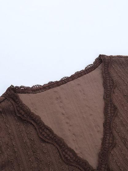 Lace Wrap V Neck Blouse For Women - Brown Vintage Long Sleeve Slim Fit Cropped Top - Spring Casual Daily Wear 2026