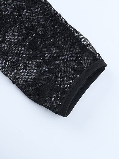 Off Shoulder Lace Corset Blouse For Women - Black Sheer Mesh Long Sleeve Bustier Top - Spring Night Out Clubwear 2026