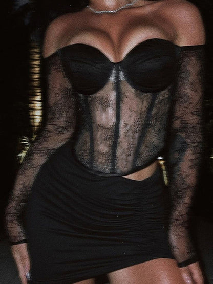 Off Shoulder Lace Corset Blouse For Women - Black Sheer Mesh Long Sleeve Bustier Top - Spring Night Out Clubwear 2026