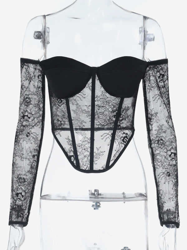 Off Shoulder Lace Corset Blouse For Women - Black Sheer Mesh Long Sleeve Bustier Top - Spring Night Out Clubwear 2026