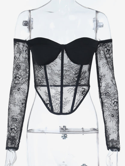 Off Shoulder Lace Corset Blouse For Women - Black Sheer Mesh Long Sleeve Bustier Top - Spring Night Out Clubwear 2026
