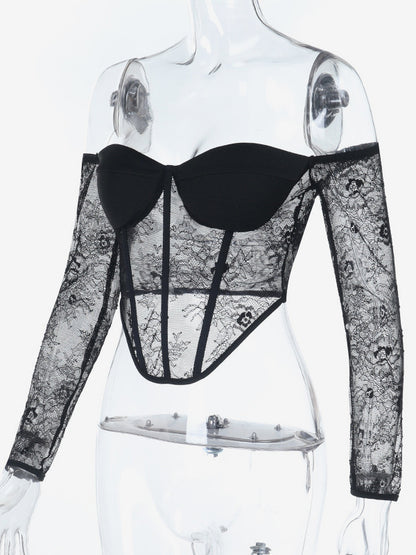 Off Shoulder Lace Corset Blouse For Women - Black Sheer Mesh Long Sleeve Bustier Top - Spring Night Out Clubwear 2026