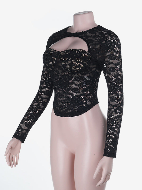 Lace Cutout Corset Style Blouse For Women - Black Sexy Long Sleeve Bustier Top - Spring Clubwear Party 2026