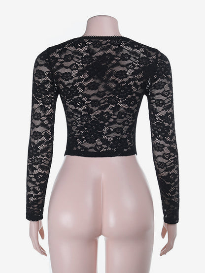 Lace Cutout Corset Style Blouse For Women - Black Sexy Long Sleeve Bustier Top - Spring Clubwear Party 2026