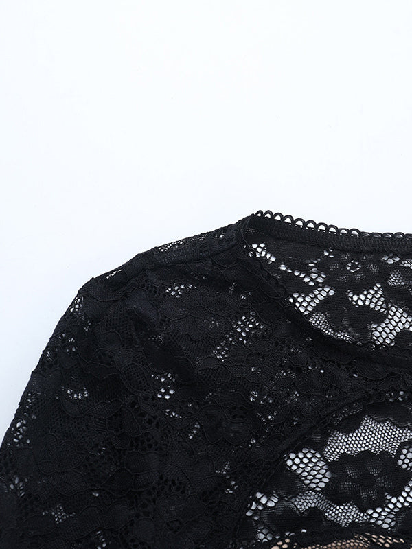 Lace Cutout Corset Style Blouse For Women - Black Sexy Long Sleeve Bustier Top - Spring Clubwear Party 2026