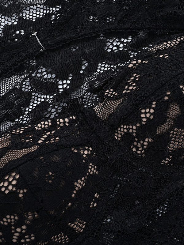 Lace Cutout Corset Style Blouse For Women - Black Sexy Long Sleeve Bustier Top - Spring Clubwear Party 2026