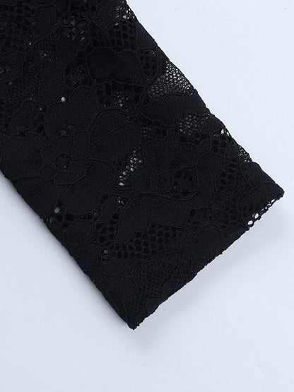 Lace Cutout Corset Style Blouse For Women - Black Sexy Long Sleeve Bustier Top - Spring Clubwear Party 2026
