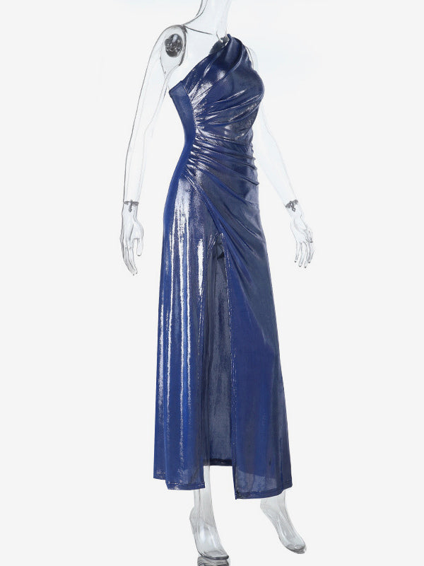 Metallic One-Shoulder Maxi Dress For Women - Royal Blue Ruched High Slit Slim Fit Gown - Spring Cocktail Party Wear 2026