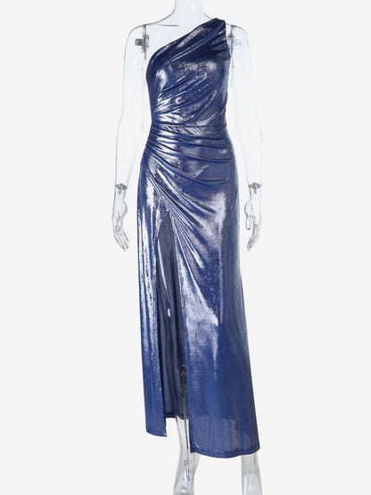 Metallic One-Shoulder Maxi Dress For Women - Royal Blue Ruched High Slit Slim Fit Gown - Spring Cocktail Party Wear 2026