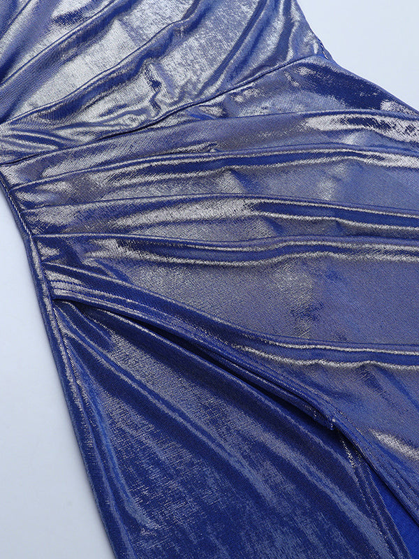 Metallic One-Shoulder Maxi Dress For Women - Royal Blue Ruched High Slit Slim Fit Gown - Spring Cocktail Party Wear 2026