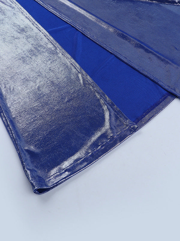 Metallic One-Shoulder Maxi Dress For Women - Royal Blue Ruched High Slit Slim Fit Gown - Spring Cocktail Party Wear 2026