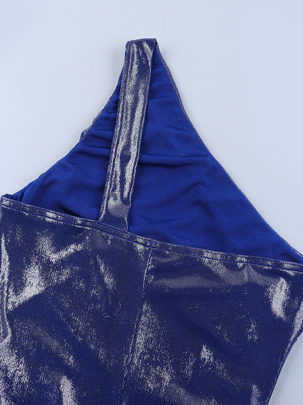 Metallic One-Shoulder Maxi Dress For Women - Royal Blue Ruched High Slit Slim Fit Gown - Spring Cocktail Party Wear 2026