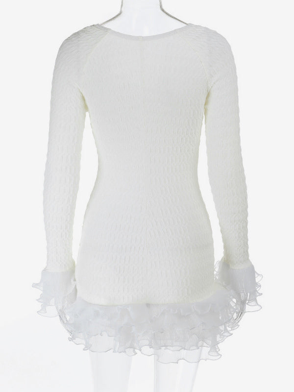 Textured Mini Dress For Women - Cream White Coquette Aesthetic Ruffle Cuff Bodycon- Summer Beach Date Night 2026