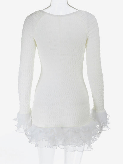 Textured Mini Dress For Women - Cream White Coquette Aesthetic Ruffle Cuff Bodycon- Summer Beach Date Night 2026
