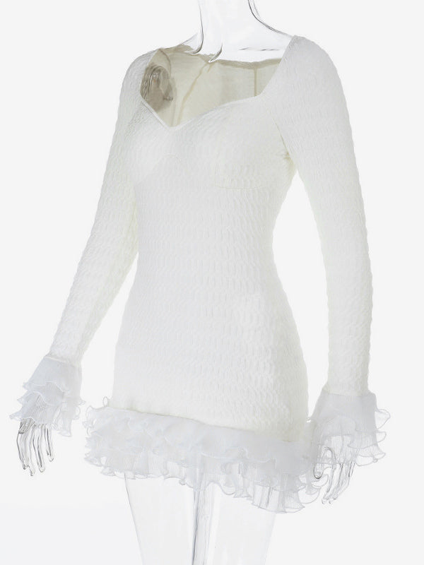 Textured Mini Dress For Women - Cream White Coquette Aesthetic Ruffle Cuff Bodycon- Summer Beach Date Night 2026