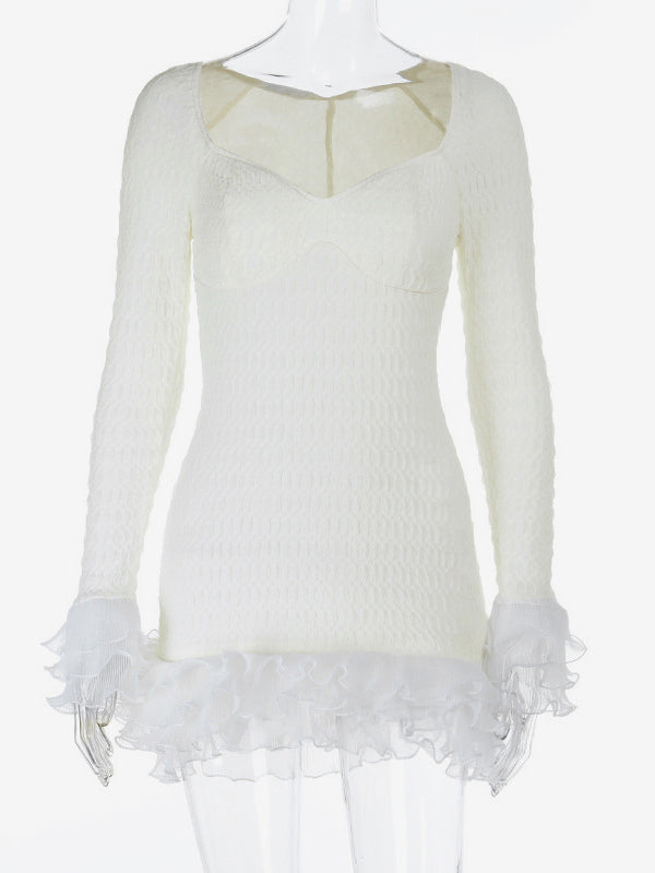 Textured Mini Dress For Women - Cream White Coquette Aesthetic Ruffle Cuff Bodycon- Summer Beach Date Night 2026