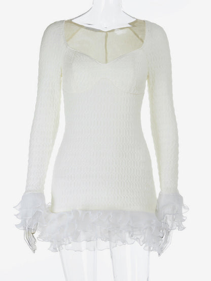 Textured Mini Dress For Women - Cream White Coquette Aesthetic Ruffle Cuff Bodycon- Summer Beach Date Night 2026