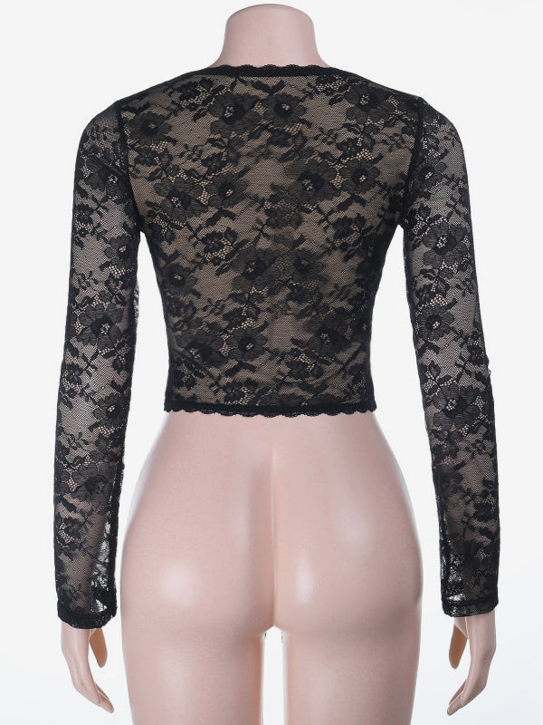 Floral Lace Crop Top For Women - Black Sexy V Neck Long Sleeve - Spring Night Out Clubwear 2026
