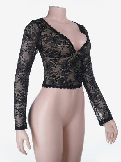 Floral Lace Crop Top For Women - Black Sexy V Neck Long Sleeve - Spring Night Out Clubwear 2026