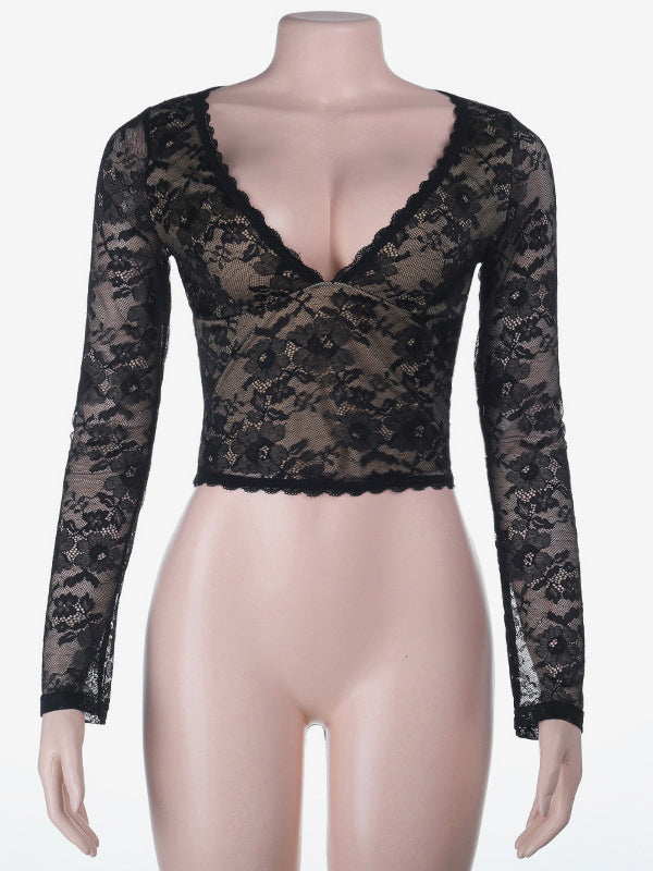 Floral Lace Crop Top For Women - Black Sexy V Neck Long Sleeve - Spring Night Out Clubwear 2026