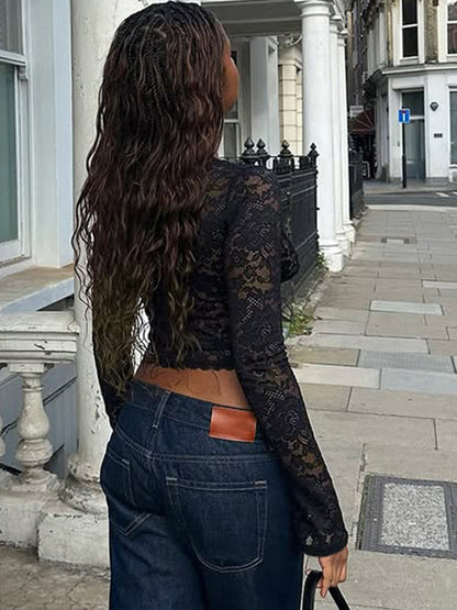 Floral Lace Crop Top For Women - Black Sexy V Neck Long Sleeve - Spring Night Out Clubwear 2026