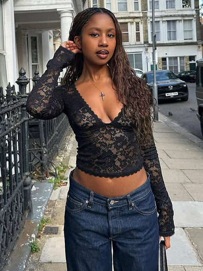 Floral Lace Crop Top For Women - Black Sexy V Neck Long Sleeve - Spring Night Out Clubwear 2026
