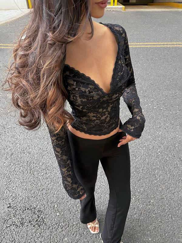 Floral Lace Crop Top For Women - Black Sexy V Neck Long Sleeve - Spring Night Out Clubwear 2026