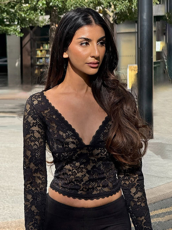 Floral Lace Crop Top For Women - Black Sexy V Neck Long Sleeve - Spring Night Out Clubwear 2026