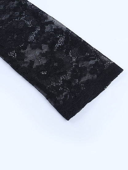 Floral Lace Crop Top For Women - Black Sexy V Neck Long Sleeve - Spring Night Out Clubwear 2026