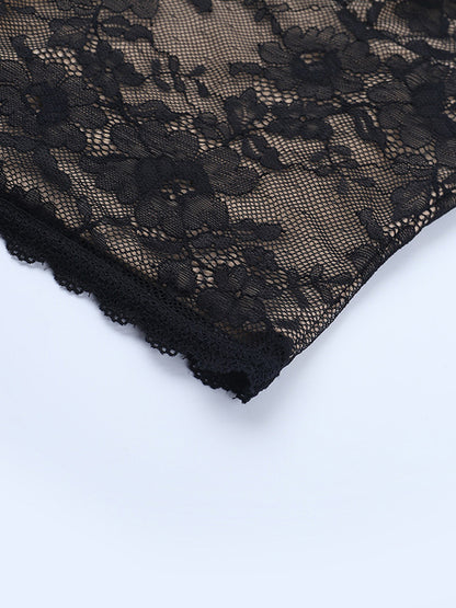Floral Lace Crop Top For Women - Black Sexy V Neck Long Sleeve - Spring Night Out Clubwear 2026