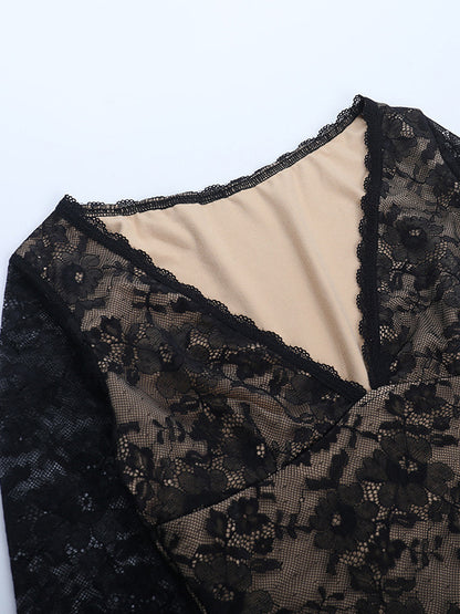Floral Lace Crop Top For Women - Black Sexy V Neck Long Sleeve - Spring Night Out Clubwear 2026