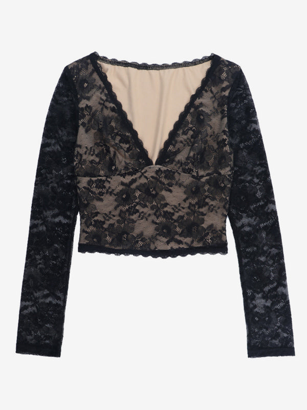 Floral Lace Crop Top For Women - Black Sexy V Neck Long Sleeve - Spring Night Out Clubwear 2026
