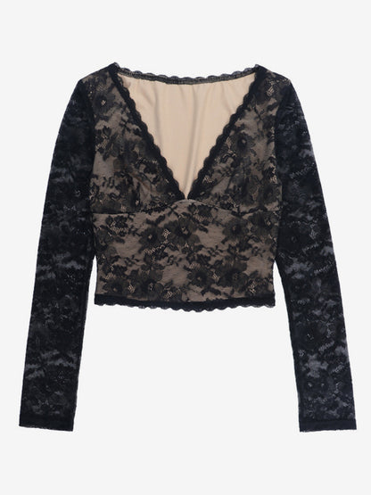 Floral Lace Crop Top For Women - Black Sexy V Neck Long Sleeve - Spring Night Out Clubwear 2026