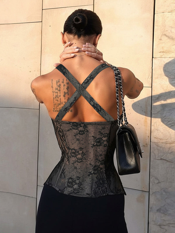 Floral Lace Corset Top For Women - Black Gothic Aesthetic Bustier - Summer Night Out Clubwear 2026