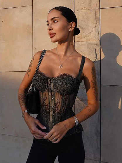 Floral Lace Corset Top For Women - Black Gothic Aesthetic Bustier - Summer Night Out Clubwear 2026