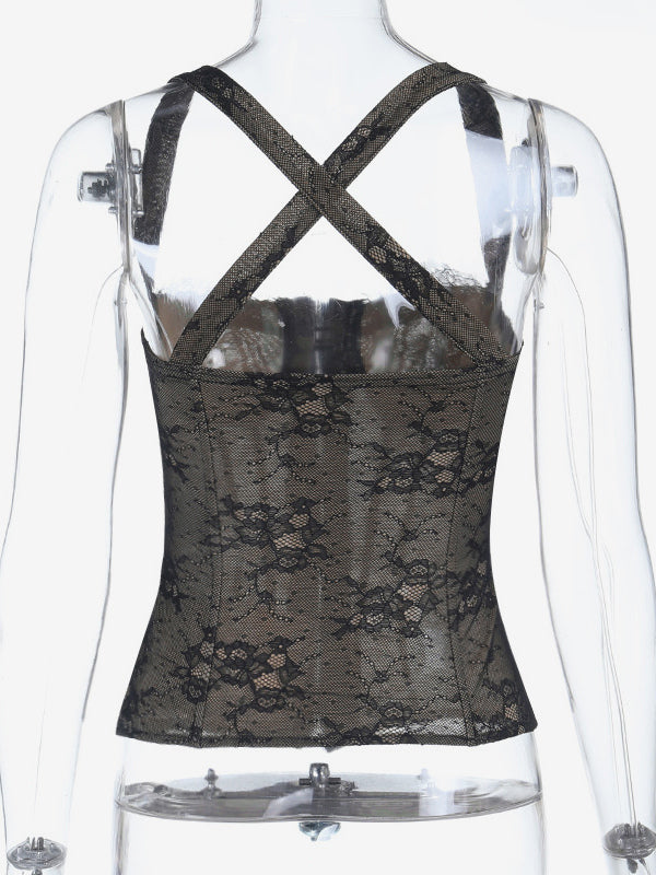Floral Lace Corset Top For Women - Black Gothic Aesthetic Bustier - Summer Night Out Clubwear 2026