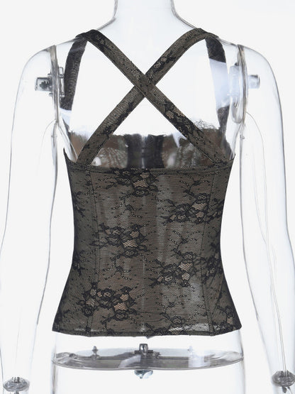 Floral Lace Corset Top For Women - Black Gothic Aesthetic Bustier - Summer Night Out Clubwear 2026
